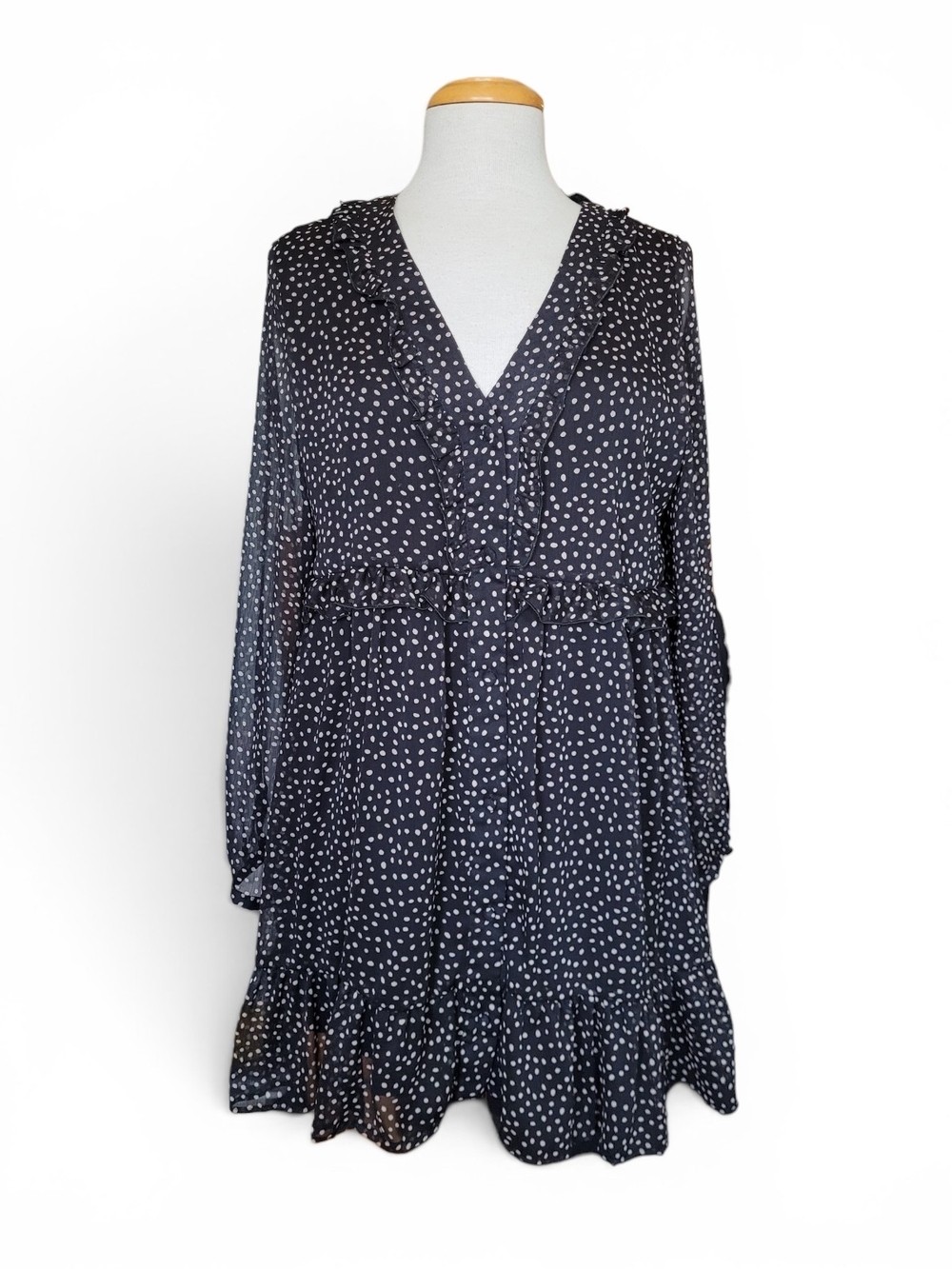 Zara Sheer Polka Dot Minidress With Ruffle Trim Black Cream Large